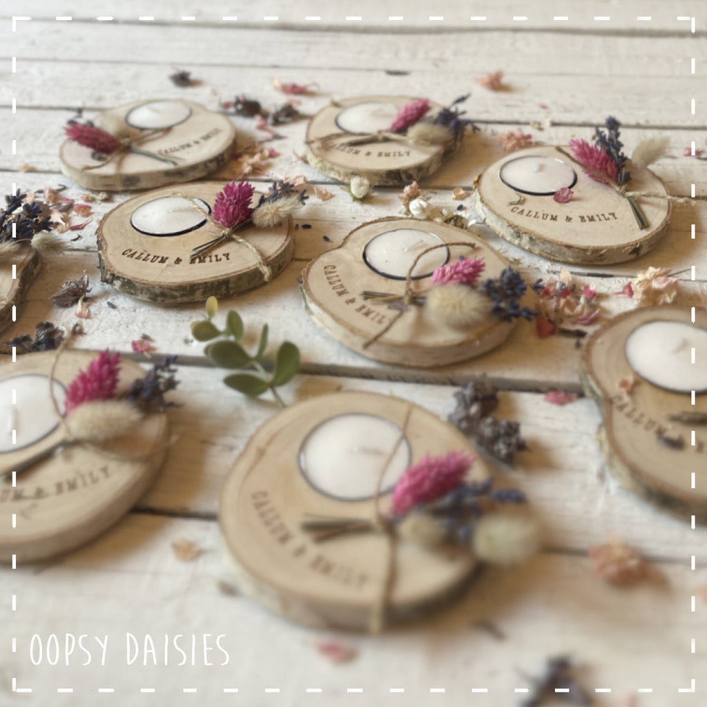Tea Light Log Slice with Dried Flowers - Personalised 13855