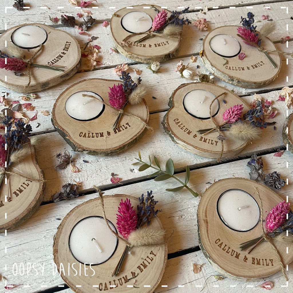 Tea Light Log Slice with Dried Flowers - Personalised 13855