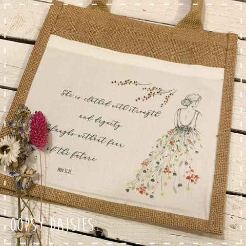 Book / Bible Jute Bag - She is Clothed 14253