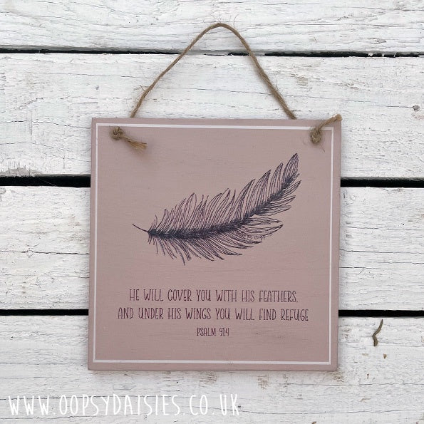 Sq Plq Feather - He Will Cover You 13047