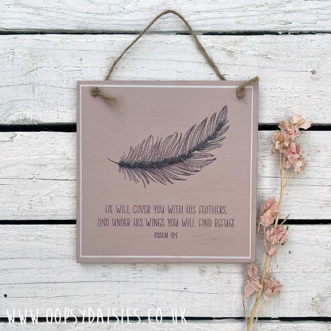 Sq Plq Feather - He Will Cover You 13047