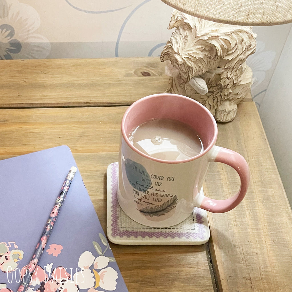 Feather Mug with Pink Handle - He will cover You 13631