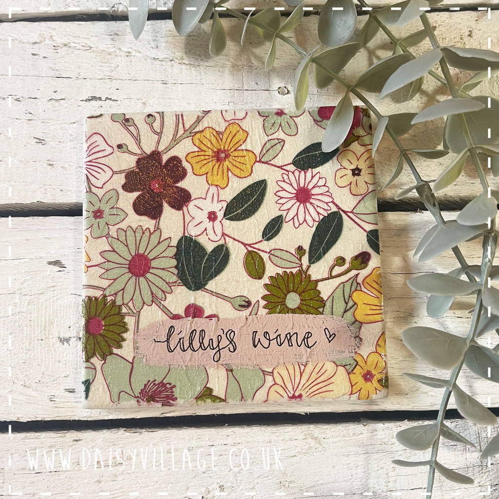 Coaster Ceramic Personalised - Mustard/Green Flowers 14505